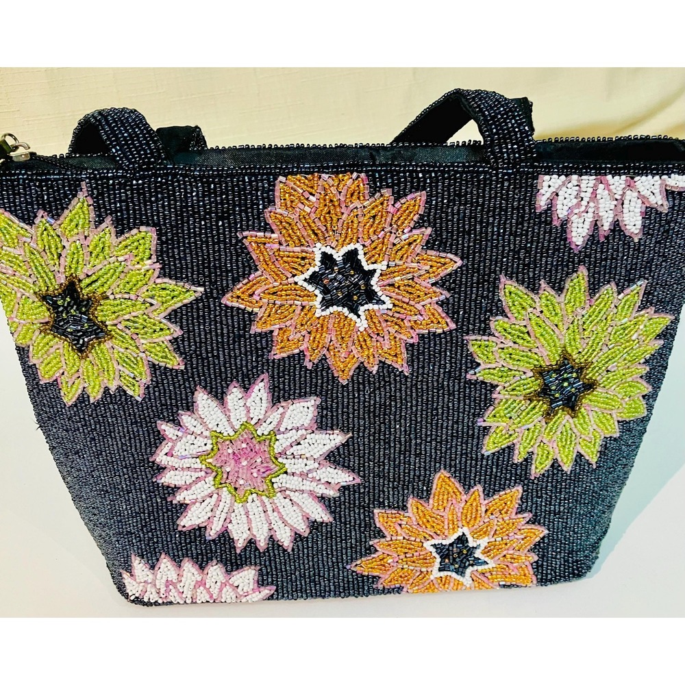 Unbranded Floral Beaded Tote Bag Womens Medium Black Excellent Seed Bead Purse